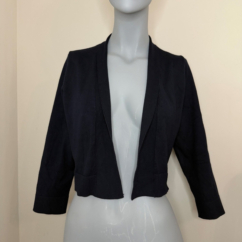Calvin Klein Navy Open Front Cropped Cardigan Shrug 3/4 Sleeve Knit - Picture 2 of 10